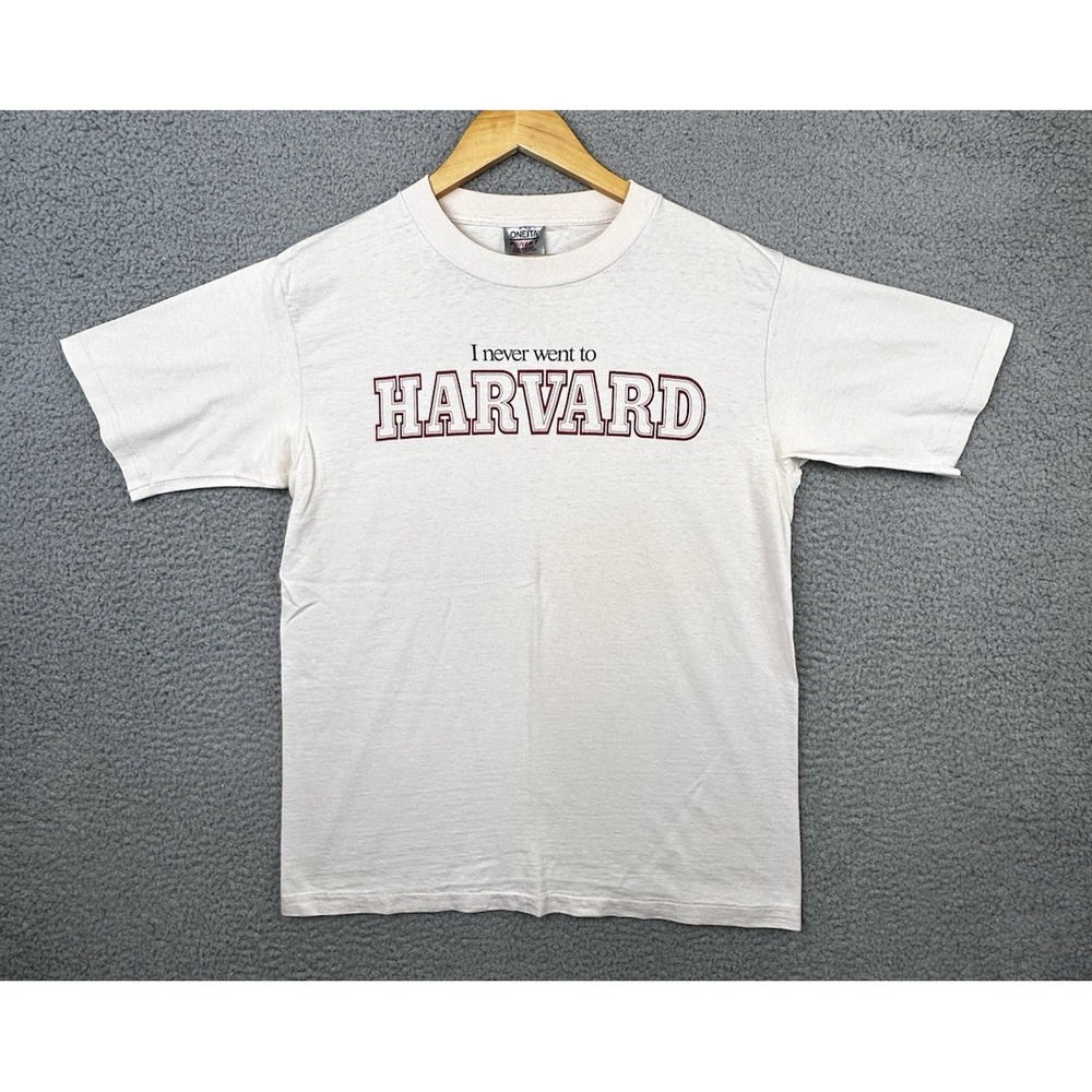 Vtg 80s Single Stitch T Shirt I Never Went To Harvard Large Off White Oneita